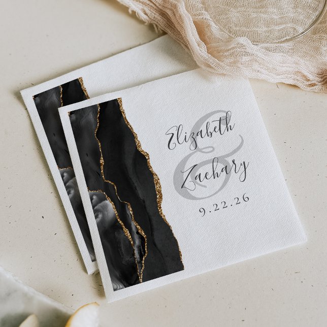 Agate Geode Script Black Gold Wedding Napkin (Creator Uploaded)