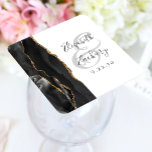 Agate Geode Script Black Gold Wedding Square Paper Coaster<br><div class="desc">This elegant modern wedding coaster features a black watercolor agate geode design trimmed with faux gold glitter. Easily customise the charcoal grey text on a white background,  with the names of the bride and groom in handwriting calligraphy over a large,  light grey ampersand.</div>