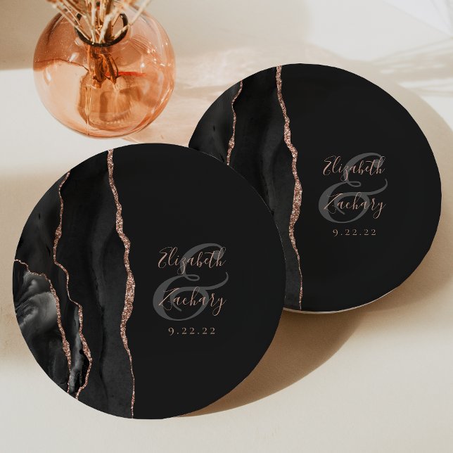 Agate Geode Script Black Rose Gold Dark Wedding Paper Plate (Creator Uploaded)