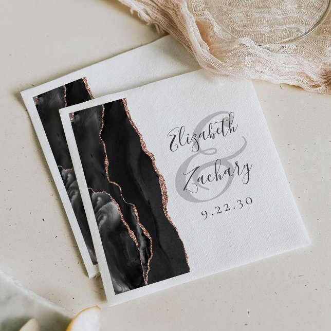 Agate Geode Script Black Rose Gold Wedding  Napkin (Creator Uploaded)