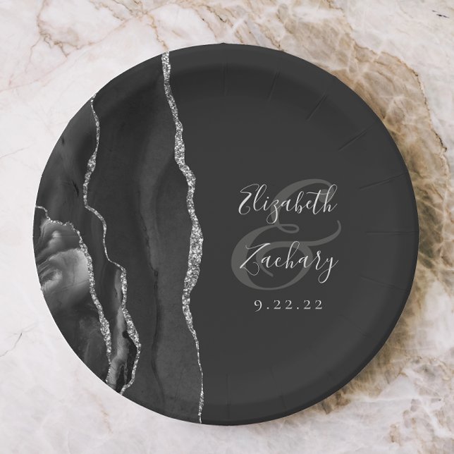 Agate Geode Script Black Silver Dark Wedding Paper Plate (Creator Uploaded)