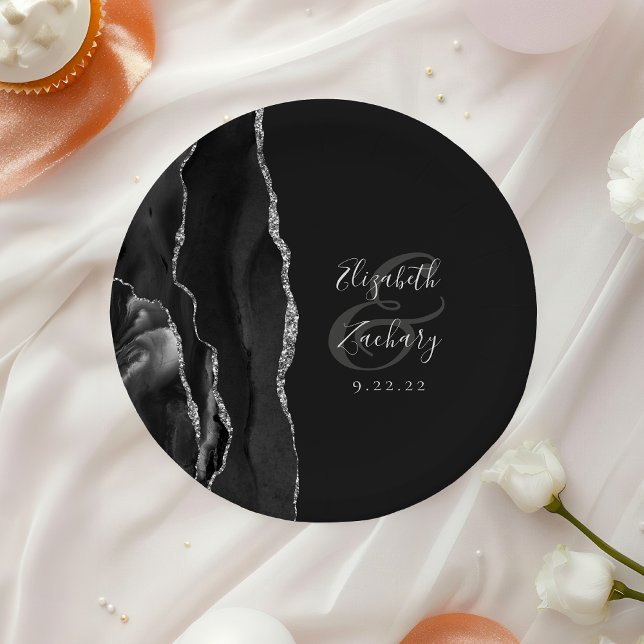 Agate Geode Script Black Silver Dark Wedding Paper Plate (Creator Uploaded)