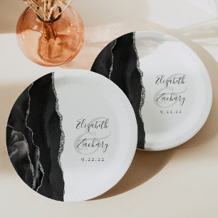 Agate Geode Script Black Silver Wedding Paper Plate