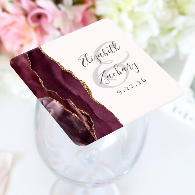 Agate Geode Script Burgundy Gold Blush Wedding Square Paper Coaster (Creator Uploaded)