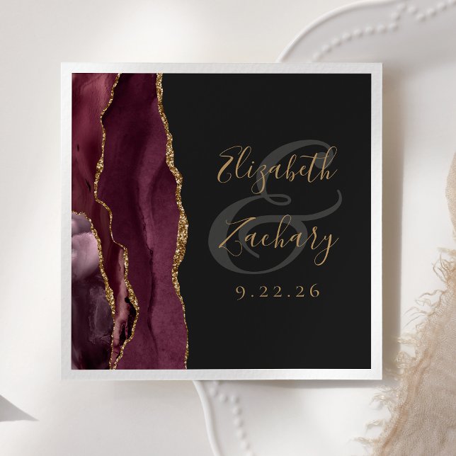 Agate Geode Script Burgundy Gold Dark Wedding Napkin (Creator Uploaded)