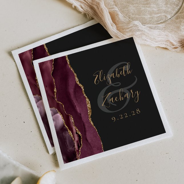 Agate Geode Script Burgundy Gold Dark Wedding Napkin (Creator Uploaded)