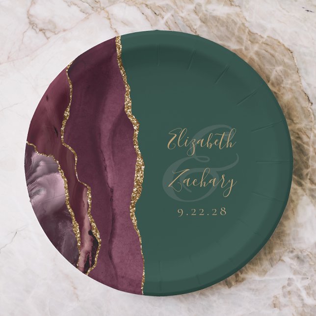 Agate Geode Script Burgundy Gold Green Paper Plate (Creator Uploaded)