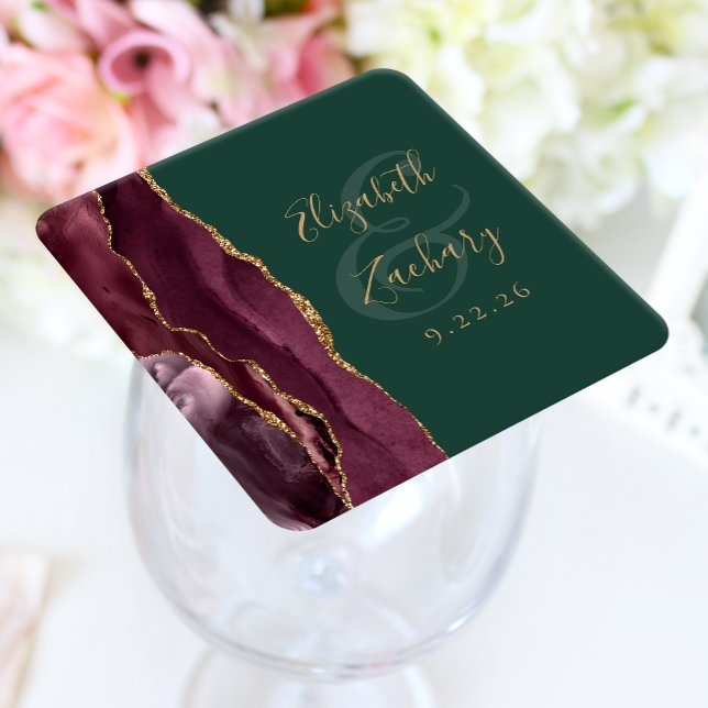 Agate Geode Script Burgundy Gold Green Wedding Square Paper Coaster (Creator Uploaded)
