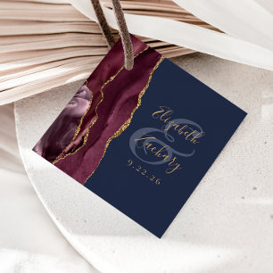 Agate Geode Script Burgundy Gold Navy Blue Wedding Favour Tags