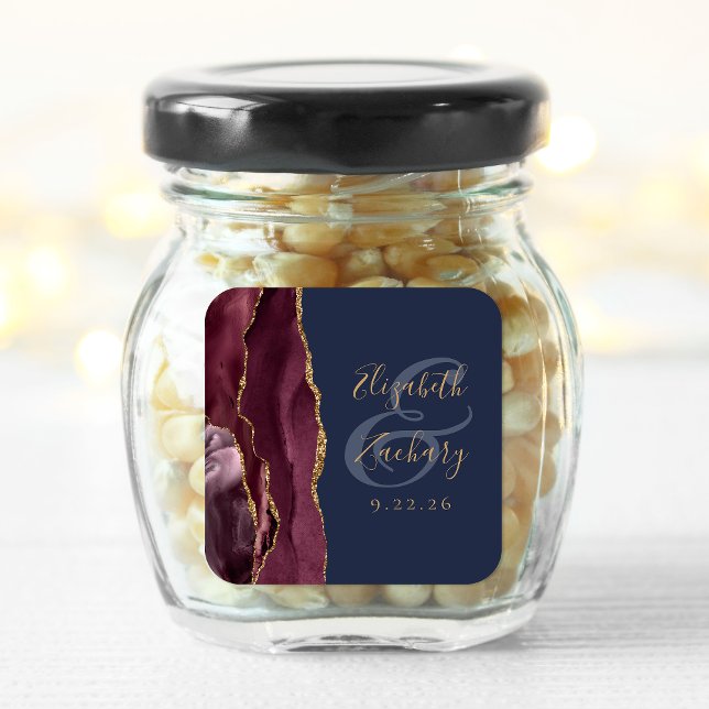 Agate Geode Script Burgundy Gold Navy Blue Wedding Square Sticker (Creator Uploaded)