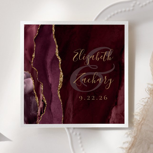 Agate Geode Script Burgundy Gold Wedding Napkin (Creator Uploaded)