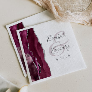 Agate Geode Script Burgundy Silver Wedding Napkin