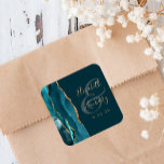 Agate Geode Script Dark Teal Blue Gold Wedding Square Sticker<br><div class="desc">This elegant modern wedding sticker features a teal blue watercolor agate geode design trimmed with faux gold glitter. Easily customise the gold-coloured text on a dark teal blue background,  with the names of the bride and groom in handwriting calligraphy over a large ampersand.</div>