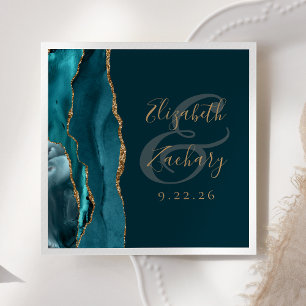 Agate Geode Script Dark Teal Gold Wedding Napkin