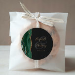 Agate Geode Script Emerald Green Gold Dark Wedding Classic Round Sticker<br><div class="desc">This elegant modern wedding sticker features an emerald green watercolor agate geode design trimmed with faux gold glitter. Easily customise the gold-coloured text on an off-black background,  with the names of the bride and groom in handwriting calligraphy over a large ampersand.</div>