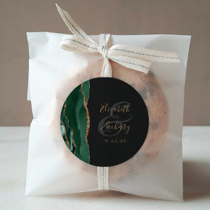 Agate Geode Script Emerald Green Gold Dark Wedding Classic Round Sticker