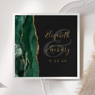 Agate Geode Script Emerald Green Gold Dark Wedding Napkin