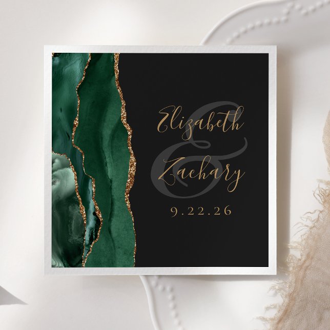 Agate Geode Script Emerald Green Gold Dark Wedding Napkin (Creator Uploaded)