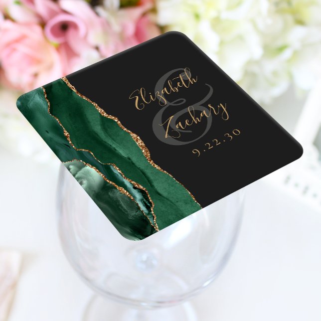Agate Geode Script Emerald Green Gold Dark Wedding Square Paper Coaster (Creator Uploaded)
