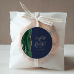 Agate Geode Script Emerald Green Gold Navy Wedding Classic Round Sticker<br><div class="desc">This elegant modern wedding sticker features an emerald green watercolor agate geode design trimmed with faux gold glitter. Easily customise the gold-coloured text on a navy blue background,  with the names of the bride and groom in handwriting calligraphy over a large ampersand.</div>