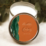 Agate Geode Script Emerald Green Gold Rust Wedding Classic Round Sticker<br><div class="desc">This elegant modern wedding sticker features an emerald green watercolor agate geode design trimmed with faux gold glitter. Easily customise the gold-coloured text on a burnt orange or rust background,  with the names of the bride and groom in handwriting calligraphy over a large ampersand.</div>