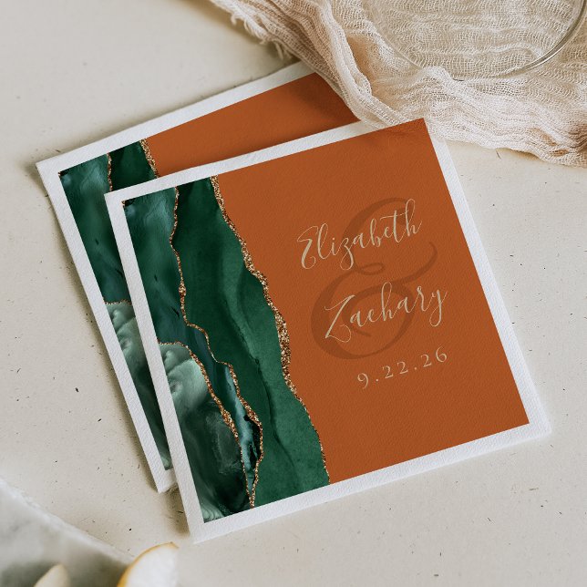 Agate Geode Script Emerald Green Gold Rust Wedding Napkin (Creator Uploaded)