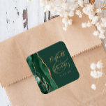 Agate Geode Script Emerald Green Gold Wedding Square Sticker<br><div class="desc">This elegant modern wedding sticker features an emerald green watercolor agate geode design trimmed with faux gold glitter. Easily customise the gold coloured text on a green background,  with the names of the bride and groom in whimsical handwriting calligraphy over a large ampersand.</div>