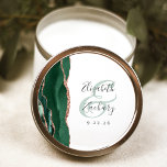 Agate Geode Script Emerald Green Rose Gold Wedding Classic Round Sticker<br><div class="desc">This elegant modern wedding sticker features an emerald green watercolor agate geode design trimmed with faux rose gold glitter. Easily customise the charcoal grey text on a white background,  with the names of the bride and groom in handwriting calligraphy over a large green ampersand.</div>