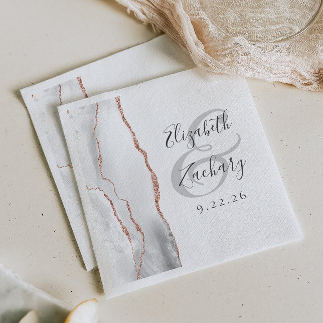 Agate Geode Script Gray White Rose Gold Wedding Napkin (Creator Uploaded)