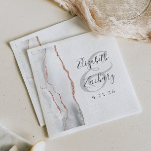 Agate Geode Script Grey White Rose Gold Wedding Napkin