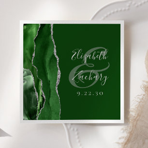 Agate Geode Script Hunter Green Silver Wedding Napkin