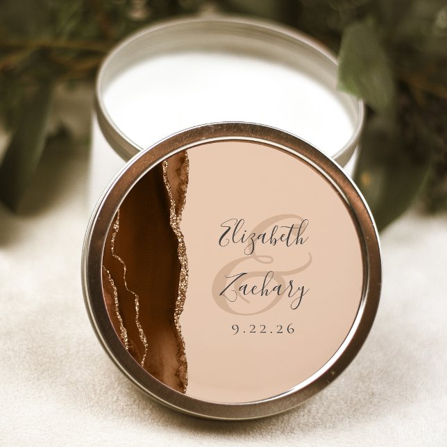 Agate Geode Script Mocha Brown Gold Tan Wedding Classic Round Sticker (Creator Uploaded)
