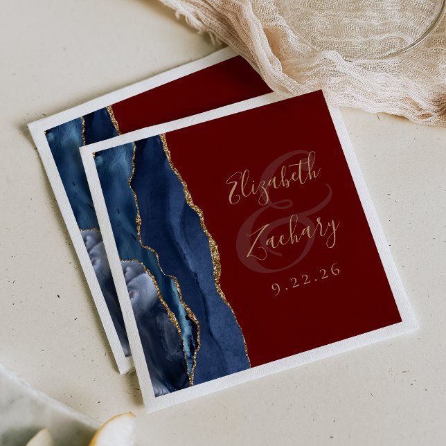 Agate Geode Script Navy Blue Gold Burgundy Wedding Napkin (Creator Uploaded)