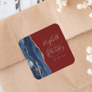 Agate Geode Script Navy Blue Gold Burgundy Wedding Square Sticker