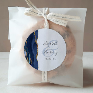 Agate Geode Script Navy Blue Gold Wedding Classic Round Sticker