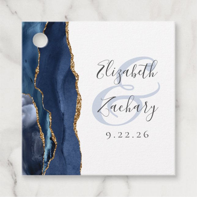 Agate Geode Script Navy Blue Gold Wedding Favour Tags (Front)