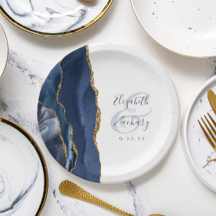 Agate Geode Script Navy Blue Gold Wedding Paper Plate