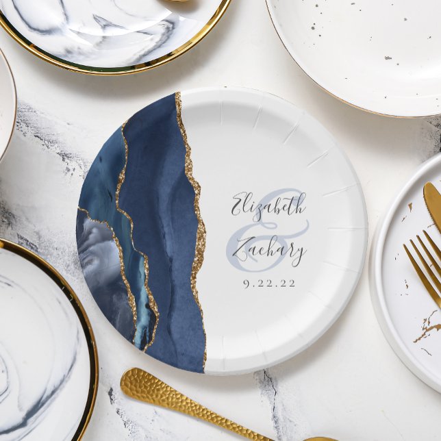 Agate Geode Script Navy Blue Gold Wedding Paper Plate (Creator Uploaded)