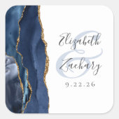 Agate Geode Script Navy Blue Gold Wedding Square Sticker (Front)