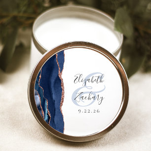 Agate Geode Script Navy Blue Rose Gold Wedding Classic Round Sticker