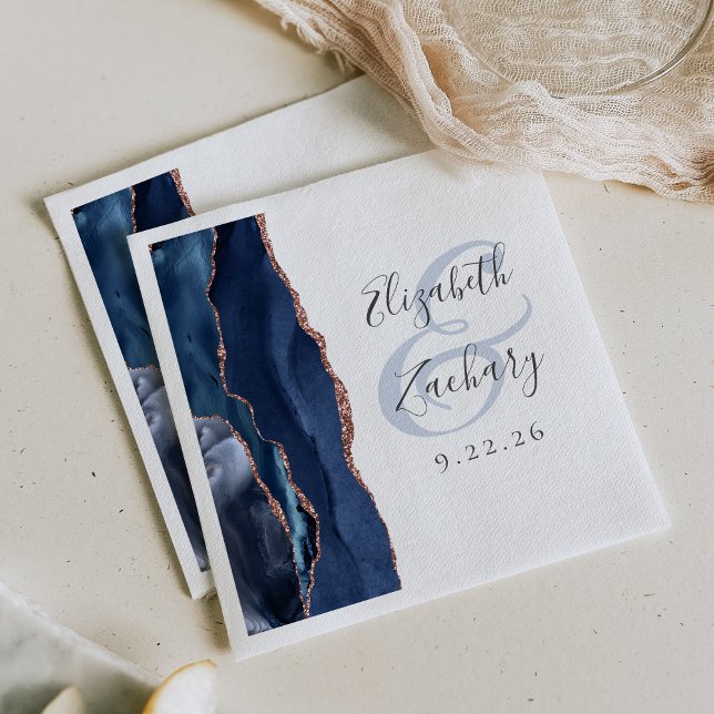 Agate Geode Script Navy Blue Rose Gold Wedding Napkin (Creator Uploaded)
