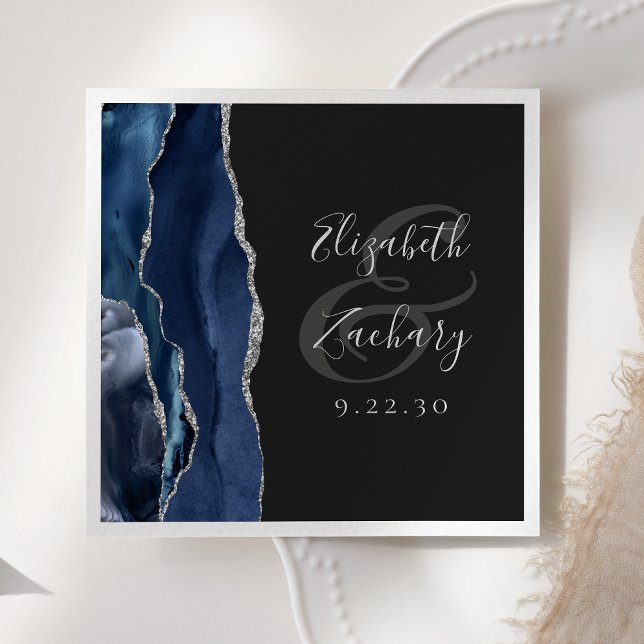 Agate Geode Script Navy Blue Silver Dark Wedding Napkin (Creator Uploaded)