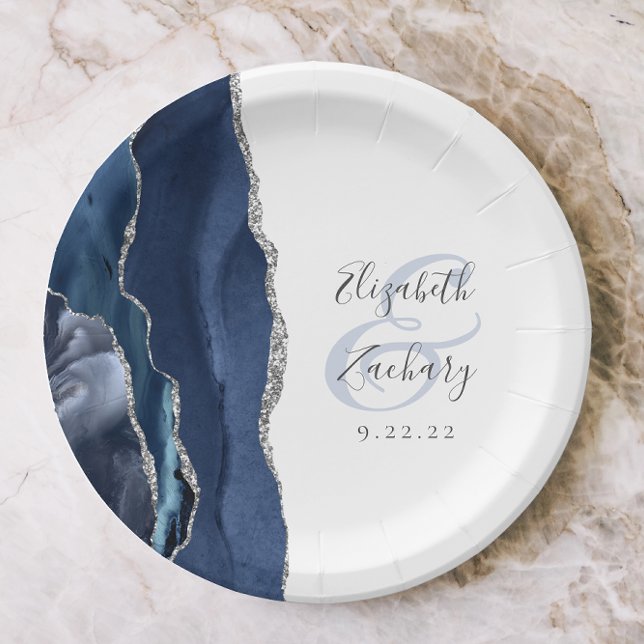 Agate Geode Script Navy Blue Silver Wedding Paper Plate (Creator Uploaded)