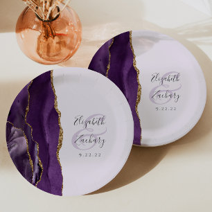 Agate Geode Script Pale Purple Gold Wedding Paper Plate