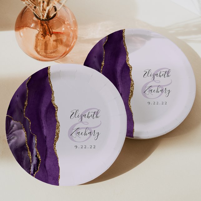 Agate Geode Script Pale Purple Gold Wedding Paper Plate (Creator Uploaded)