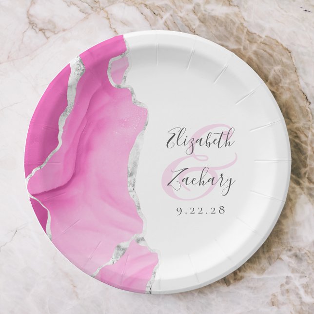 Agate Geode Script Pink Silver Wedding Paper Plate (Creator Uploaded)