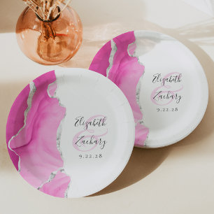 Agate Geode Script Pink Silver Wedding Paper Plate