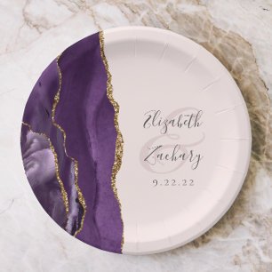 Agate Geode Script Purple Gold Blush Wedding Paper Plate