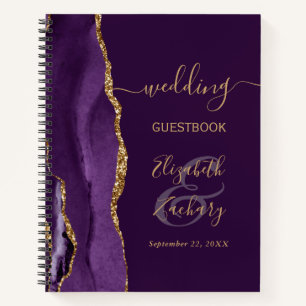 Agate Geode Script Purple Gold Plum Wedding Guest Notebook