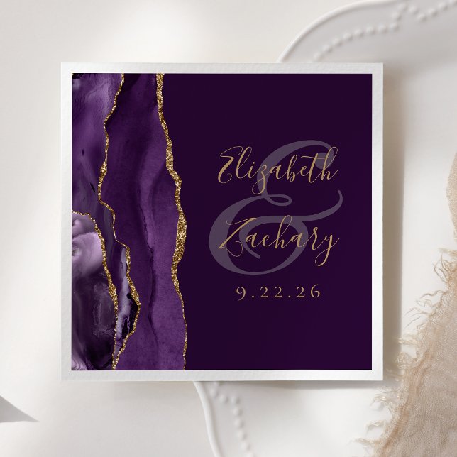 Agate Geode Script Purple Gold Plum Wedding Napkin (Creator Uploaded)